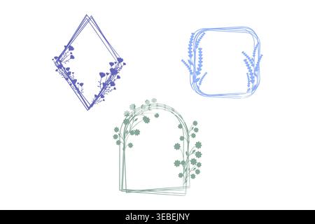 Three unique floral frames are shown on a white background. A purple diamond frame features small flowers. A light blue rounded square frame has lavender sprigs. Stock Vector