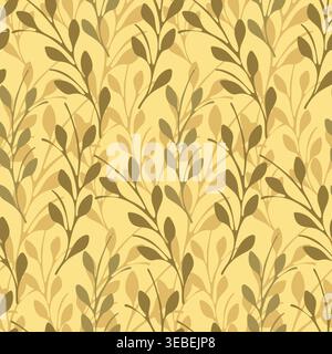 Stylized olive green branches with leaves form a repeating botanical pattern. The design is set against a vibrant yellow background, creating an organic motif for textiles, digital art, or decor. Stock Vector