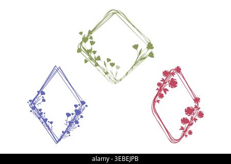 Three stylized diamond-shaped frames appear. A green frame features small flowers, a blue frame displays fine blossoms, and a red frame has larger bloom designs. Stock Vector