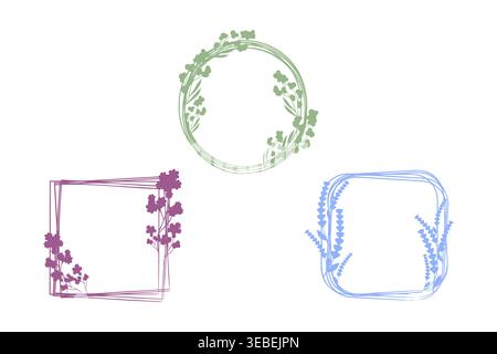 Three stylized floral frames adorn a clean white background. A green circular frame, a purple square frame, and a blue rounded square frame feature simple botanical elements. Stock Vector