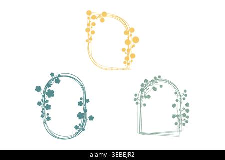 Three unique hand drawn floral frames, one yellow and two teal, adorn a simple white background. The yellow frame showcases spiky sun-like flowers. Stock Vector