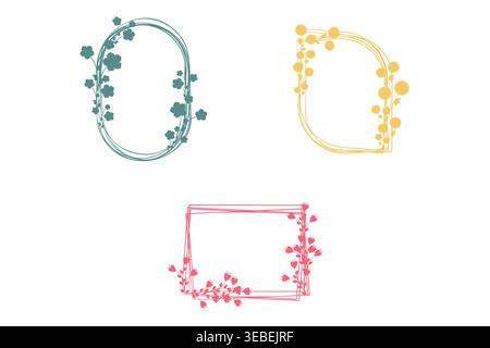Three unique floral frames are displayed on a clean white background. An oval frame in teal, a D-shaped frame in yellow, and a rectangular frame in pink are each adorned with matching flowers. Stock Vector
