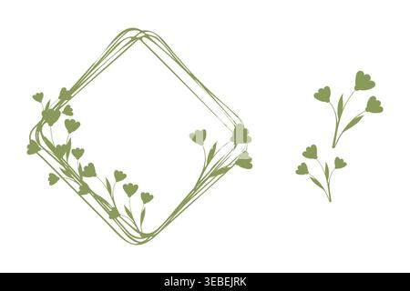 A green diamond shaped frame displays small heart shaped flowers and stems. The minimalist design includes a few floral elements growing around the frame. Stock Vector