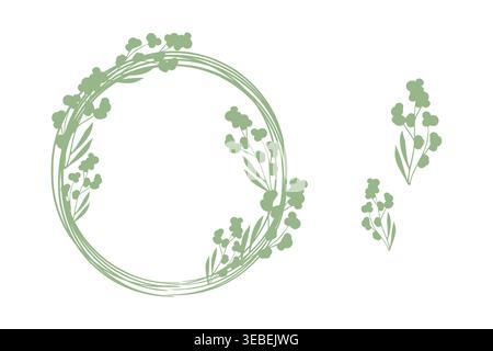 A light sage green circular frame is decorated with small leaves and tiny round flower clusters. Two matching individual floral sprigs appear alongside it. Stock Vector