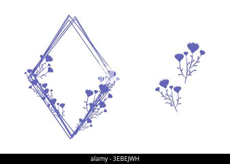 A stylized periwinkle floral diamond frame appears on a clean white background. Small flower clusters with stems adorn two sides of the geometric frame. Stock Vector
