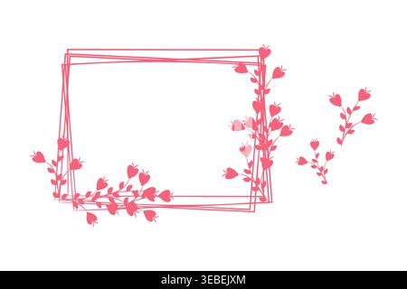 Delicate pink heart-shaped flowers adorn a multi-line rectangular frame set on a clean white background. This decorative border provides a romantic and gentle touch. Stock Vector