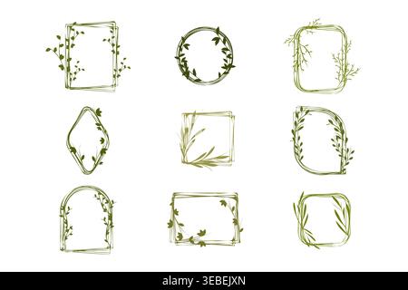 Collection of nine distinct green botanical frames with hand drawn leaves and branches. Various organic shapes including rectangles, circles, squares, and arches provide a natural aesthetic. Stock Vector