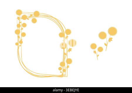 A graphic illustration features a corner frame outline made of yellow lines, embellished with spiky, sun-like flowers and yellow stems. Additional individual blossoms are present on the white surface. Stock Vector
