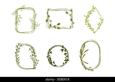 Collection of six unique green floral frames. Each design displays hand-drawn branches and leaves, forming different shapes like circles, squares, ovals, and rectangles. Stock Vector