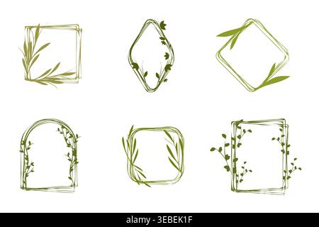 Six distinct green frames featuring various organic leaf and vine elements. Each border offers a unique botanical design, perfect for decorative accents and natural motifs. Stock Vector