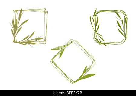 Three distinct decorative frames featuring green leaf elements on a white background. Shapes include a square, a rounded square, and a diamond, each with simple botanical outlines. Stock Vector