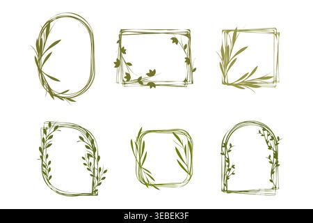 Six distinct green floral frames with hand drawn leaves and vine elements are displayed on a white background. Stock Vector