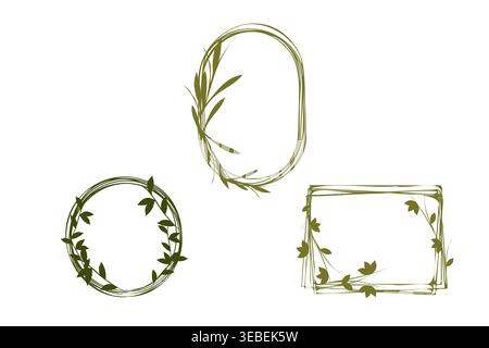 A collection of three unique hand drawn floral frames features green leaves and natural elements. The set includes a circular, an oval, and a rectangular shape, all on a clean white background. Stock Vector