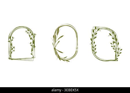 Displays three decorative green frames, each with natural leaf elements. Shapes include an arch, an oval, and a rounded rectangle, all set against a pure white backdrop. Stock Vector