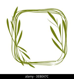 A decorative square frame created from green leaves and thin flowing lines. It features a natural, organic design suitable for various design projects. Stock Vector