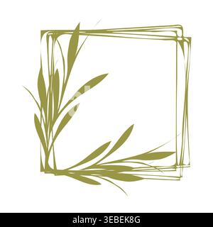 A stylized olive green square frame features delicate leaf branches in the top left and bottom left corners. This decorative floral element design is simple, elegant, and modern on a white background. Stock Vector