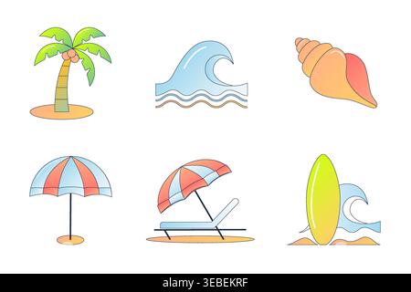 Modern summer beach icons set in soft gradient style. Collection includes tropical elements, sea waves, palm tree, shell, umbrella, sunbed and surfboa Stock Vector