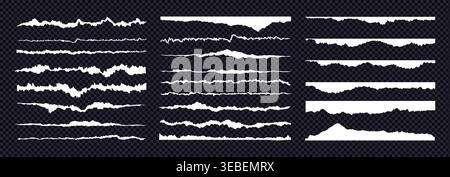 White recycled sheet texture featuring jagged torn paper rip edge effect. Vector bundle includes page piece blank card tag label banner divider claw c Stock Vector