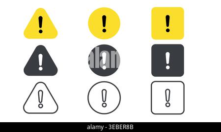 Warning and alert icon set: triangular, square, and round symbols with exclamation mark, yellow, dark gray, and black line versions Stock Vector