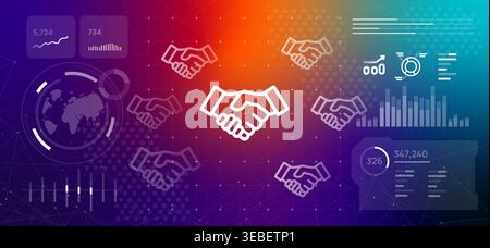 International partnership and multilateral agreement concept featuring multiple handshake icons surrounding central deal symbol with data Stock Vector