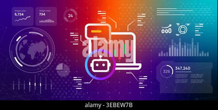 Automated trading bot and artificial intelligence finance concept with robot icon on laptop screen showing candlestick charts and digital dashboard Stock Vector