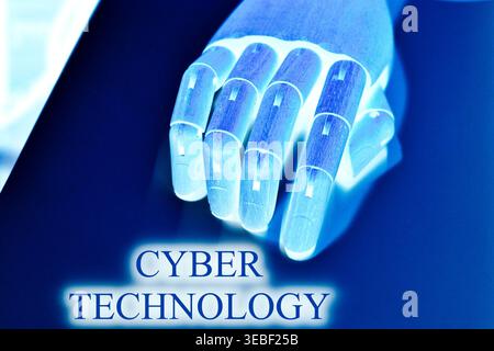 Close-up of a robotic hand with the text "Cyber Technology", representing advanced digital systems, cybersecurity, and futuristic innovation. Concept Stock Photo