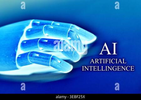 Close-up of a robotic hand with the text "AI Artificial Intelligence", representing advanced technology, automation, and digital transformation. Futur Stock Photo