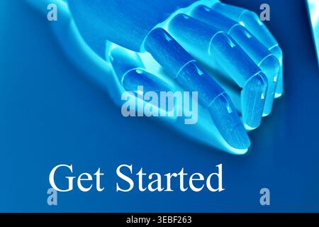 Close-up of a robotic hand with the text "Get Started", representing onboarding, user activation, and digital engagement. Futuristic concept illustrat Stock Photo