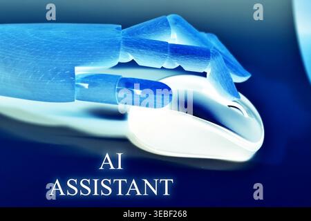 Close-up of a robotic hand with the text "AI Assistant", representing virtual support, automation, and intelligent digital services. Futuristic concep Stock Photo