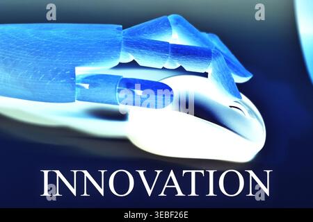 Close-up of a robotic hand with the text "Innovation", representing creativity, technological progress, and digital advancement. Futuristic concept il Stock Photo
