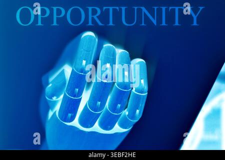 Close-up of an open robotic hand with the text "Open" in the center, representing accessibility, opportunity, and digital interaction. Futuristic conc Stock Photo