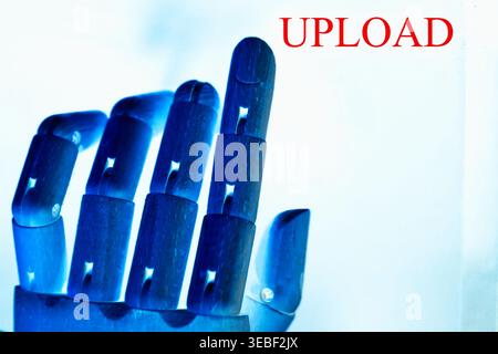 Conceptual image representing “Upload”, symbolizing the transfer of files, data, or content to digital platforms and cloud systems. The visual reflect Stock Photo