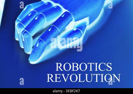 Close-up view of a futuristic robotic hand symbolizing the robotics revolution and the advancement of artificial intelligence technology. The image hi Stock Photo