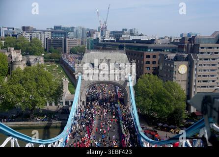 Runners crossing Tower Bridge during the 2026 TCS London Marathon ...