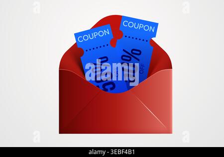 Red envelope with blue discount coupons for sale and marketing offer. Vector illustration. Stock Vector
