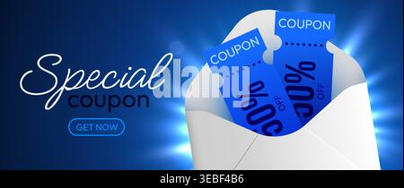 Special coupon discount offer in an open envelope. Promotional marketing banner design. Vector illustration. Stock Vector