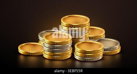 Stack of shiny golden coins on a dark background. Financial concept of saving and investment. Vector illustration Stock Vector