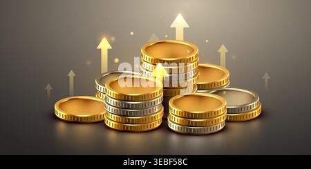 Golden coin stacks with rising arrows representing financial growth. Business success and profit concept. Vector illustration Stock Vector