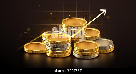 Golden coin stacks with rising growth chart arrow showing financial success and profit. Vector illustration Stock Vector