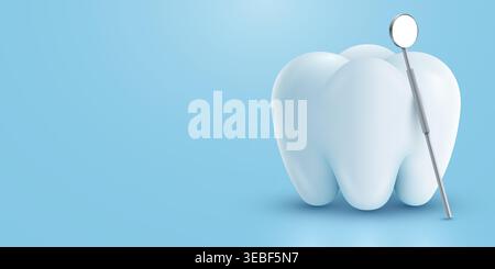 Dental care concept with a large white tooth and dentist mirror. Professional oral hygiene. Vector illustration Stock Vector