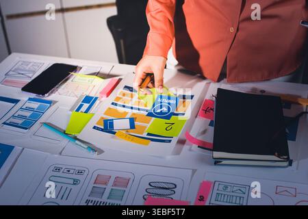 team of UI UX web designer are working together to develop mobile responsive websites with UI UX front end designer previews Stock Photo