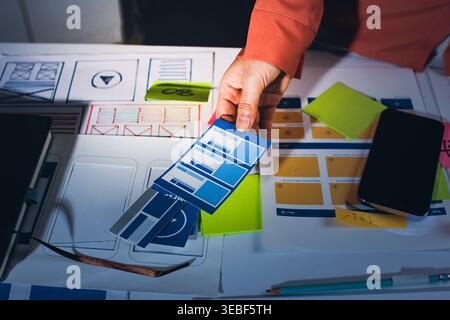 team of UI UX web designer are working together to develop mobile responsive websites with UI UX front end designer previews Stock Photo