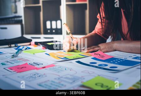 team of UI UX web designer are working together to develop mobile responsive websites with UI UX front end designer previews Stock Photo