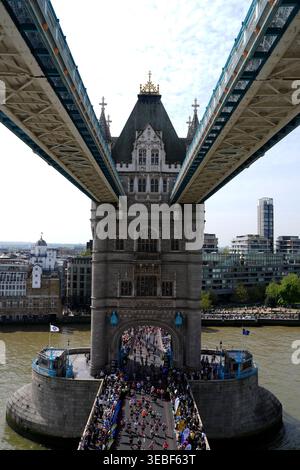 Runners crossing Tower Bridge during the 2026 TCS London Marathon ...