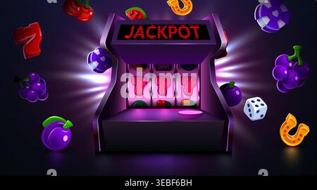 Casino slot machine with jackpot and falling symbols. Gaming concept with winning seven and fruit. Vector illustration Stock Vector