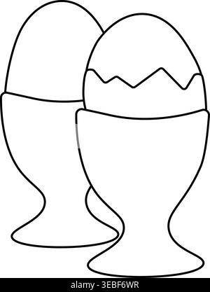 Set of two soft-cooked eggs in ceramic cups. Egg Black and white composition hand drawn illustration. Vector graphic line art. Traditional English boi Stock Vector