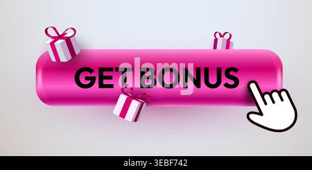 Pink Get Bonus button with gift boxes and cursor for website interface design. Vector illustration Stock Vector