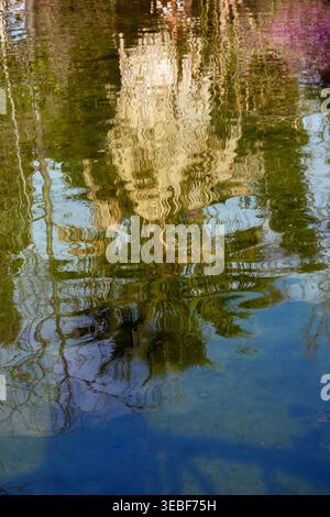 Distorted reflections of architecture and foliage create an abstract, impressionistic scene on a calm body of water Stock Photo