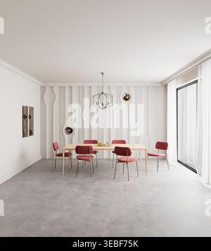 Minimal dining room with sculptural wall panels and large negative space in neutral tones combined with modern furniture and soft natural lighting. 3D Stock Photo
