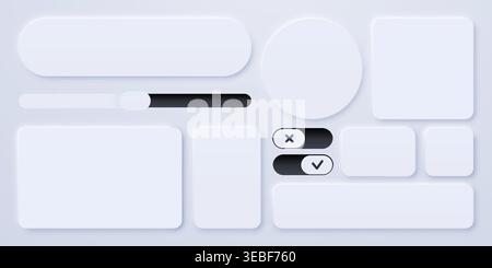 Neumorphic UI element collection with buttons and switches for modern interface design. Vector illustration. Stock Vector